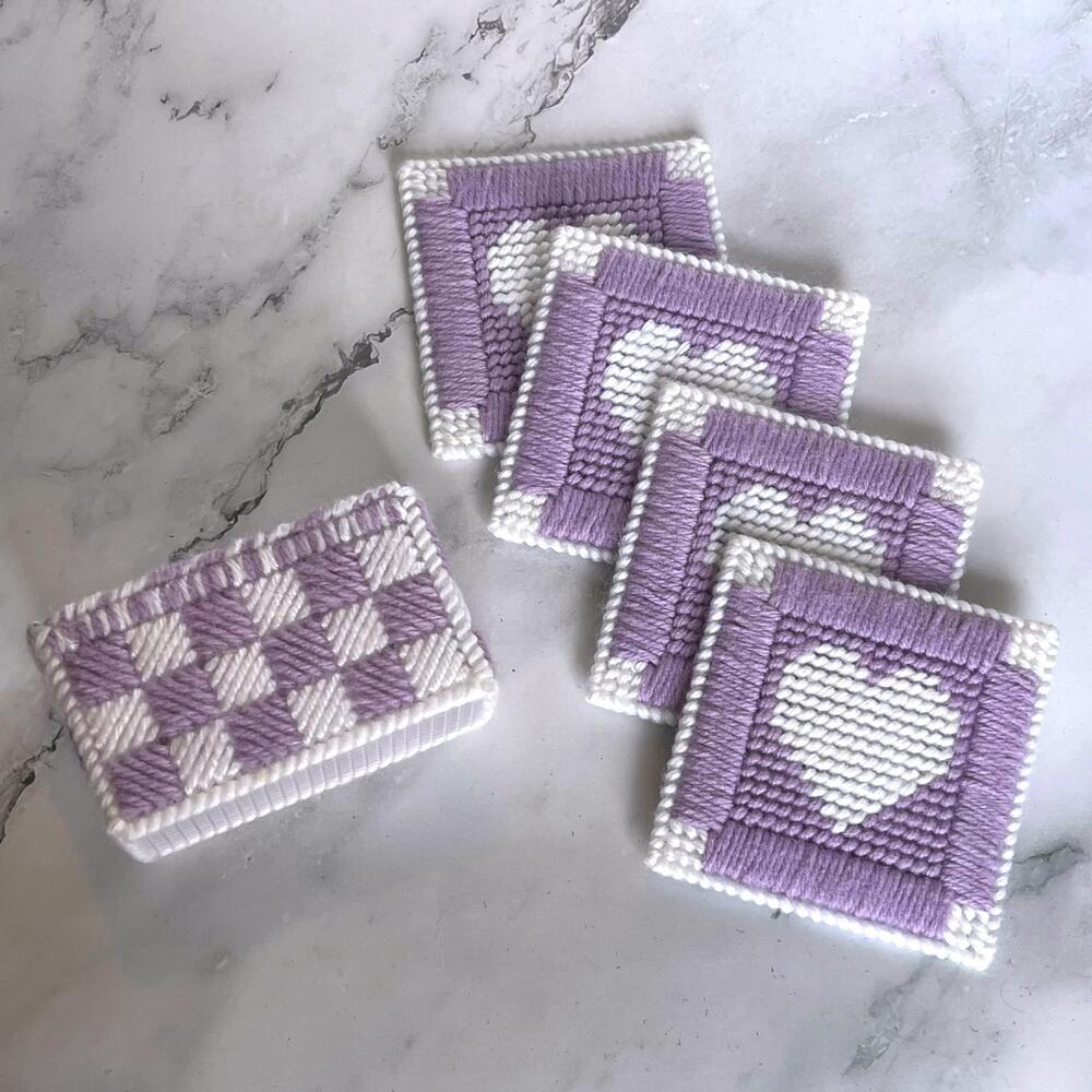 Vintage Handmade Plastic Canvas Coaster Set 4 Holder Purple White Needlepoint